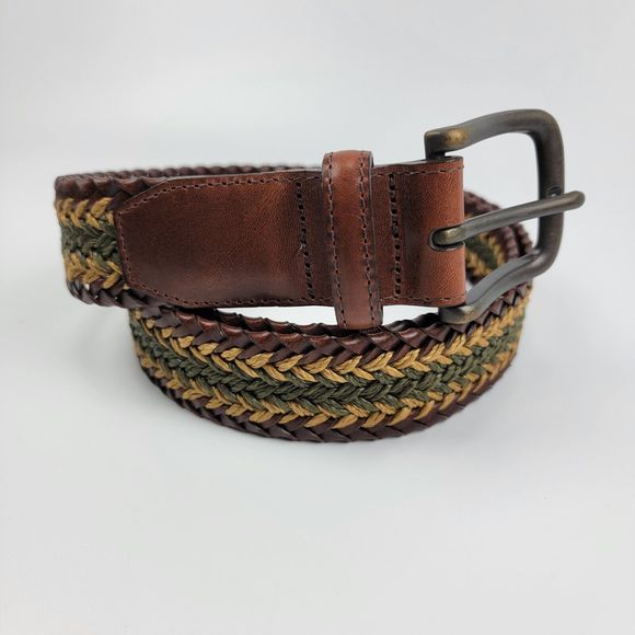 Orvis Brown Leather, Green & Honey Jute Braided Casual Mens Belt 4A04 Sz 46 EUC
